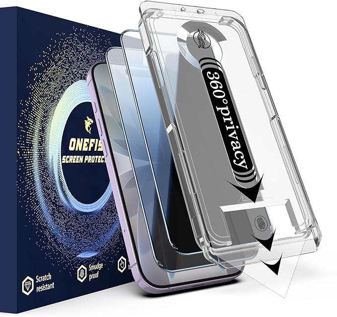 OneFish for iPhone 17 Privacy Screen Protector 4-Way 360° Anti-Spy Tempered Glass 9H Hardness HD Clear Anti-Fingerprint 3D Curved Edges Case-Friendly &amp Easy Installation [2 Pack]