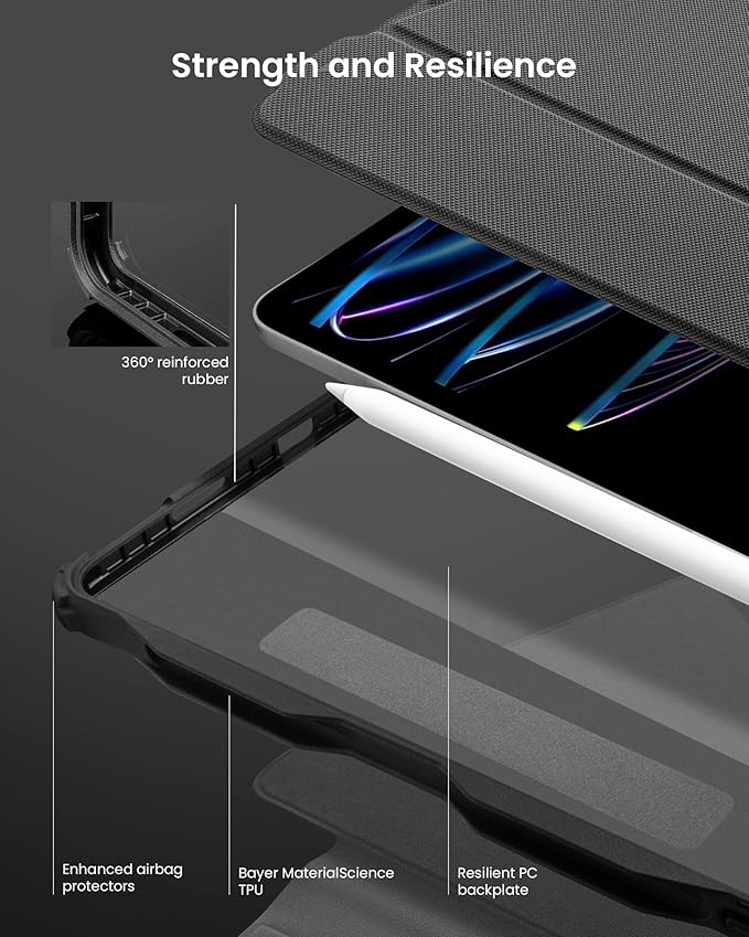 tomtoc iPad Pro Case Ultra Detachable for 11-inch iPad Pro 4th/3rd Gen (M2&ampM1) Protective Case with Airbag Protectors &amp 3 Magnetic Stand Modes Cover Supporting Wireless Apple Pencil Charging