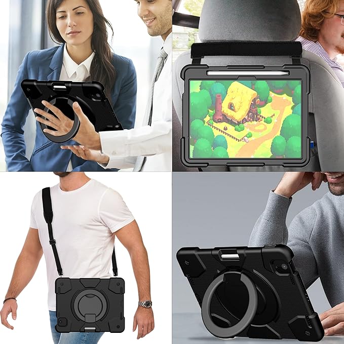 Case for iPad Air 11 inch Case M3 2025/ M2 2024 (Air 7th/6th Generation) Heavy Duty Shockproof Cover with Screen Protector 360° Rotating Stand Pencil Holder Shoulder Strap (Black)