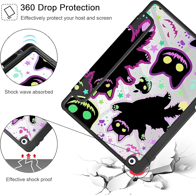 for iPad 9th Generation with Pencil Holder iPad 8th/7th Gen Case 10.2-inch [Built in Pencil Holder] Trifold Stand Auto Wake/Sleep Clear TPU Protection Back Cover Creepy &amp Funny Cats