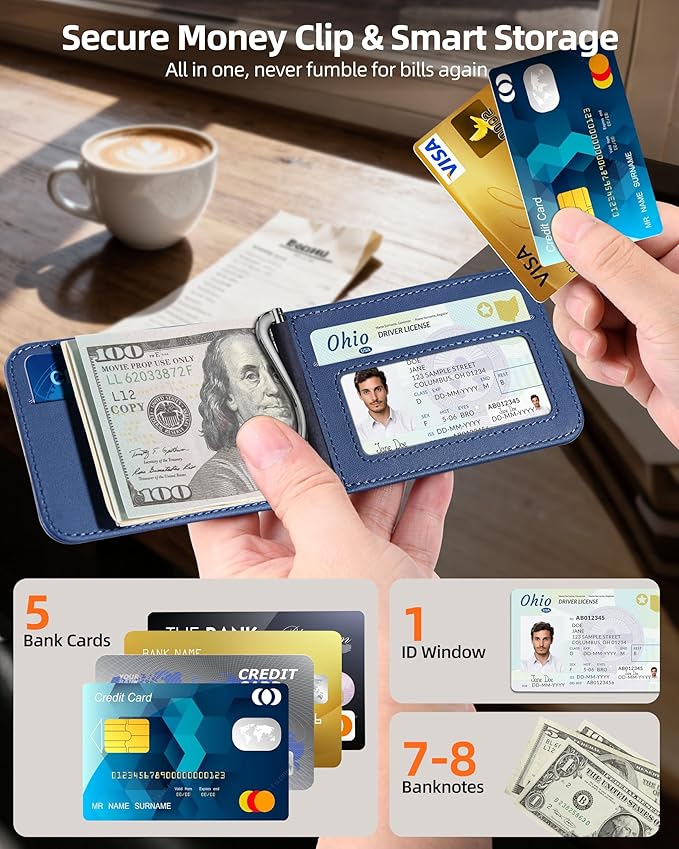 ExtreLife For Magsafe Wallet with Money Clip Strongest Magnetic Wallet for iPhone 17/16/15/14/13/12 Series Adjustable Stand ID Window 5 Card Holder RFID Blocking Not for 13/12 Mini Navy Blue