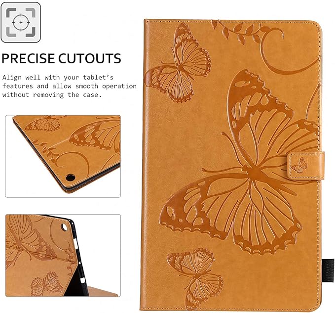 Wallet Case for Fire HD 10 (9th/7th/5th Generation 2019/2017/2015) Techcircle Butterflies Embossed Stand Folding Cover with Card/Cash Holder for Amazon Fire HD 10.1 Tablet Auto Sleep/Wake Ochre