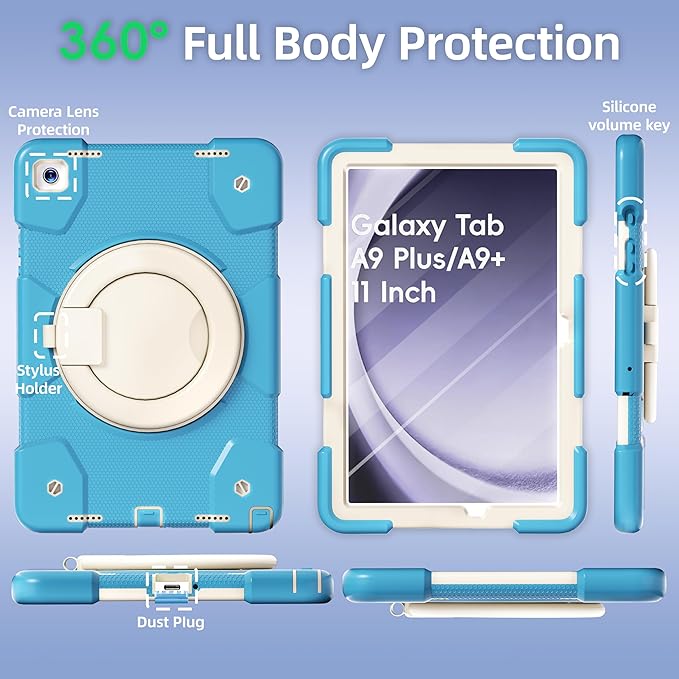 Case for Samsung Galaxy Tab A9+/A9 Plus Case 11 Inch with Screen Protector/360° Rotating Stand/Pen Holder/Shoulder Strap Shockproof Cover for Tablet A9+ 5g (Blue)