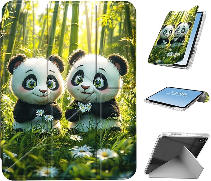 for iPad A16 (11th Generation) Case with Pencil Holder Foldable Y-Shaped Protective Cover Stylish Clear Multi-Angle Viewing &amp Auto Sleep/Wake Panda Cubs Bamboo Forest Tablet Case