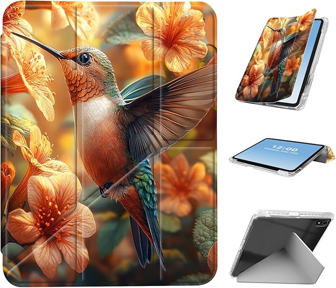 for iPad mini 7 A17 Pro 2024/iPad Mini 6 2021 Case with Pencil HolderFoldable Y-Shaped CoverStylish Clear Multi-Angle Viewing&ampAuto Sleep/Wake Hummingbird Orange Flowers Tablet Case