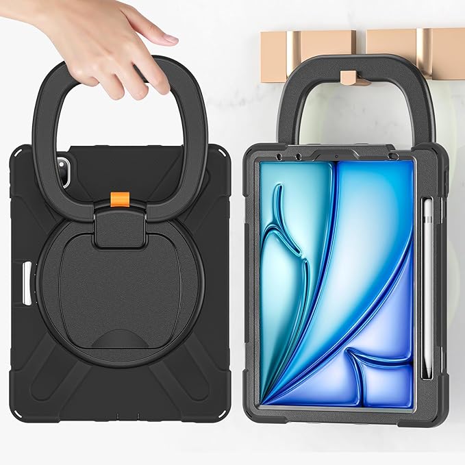 Batianda Case for iPad Air 11 inch 2025 2024 M3/M2 Chip Heavy Duty Rugged Durability Silicone Tablet Cover with 360° Rotating Ring Foldable Kickstand &amp Shoulder Strap Black