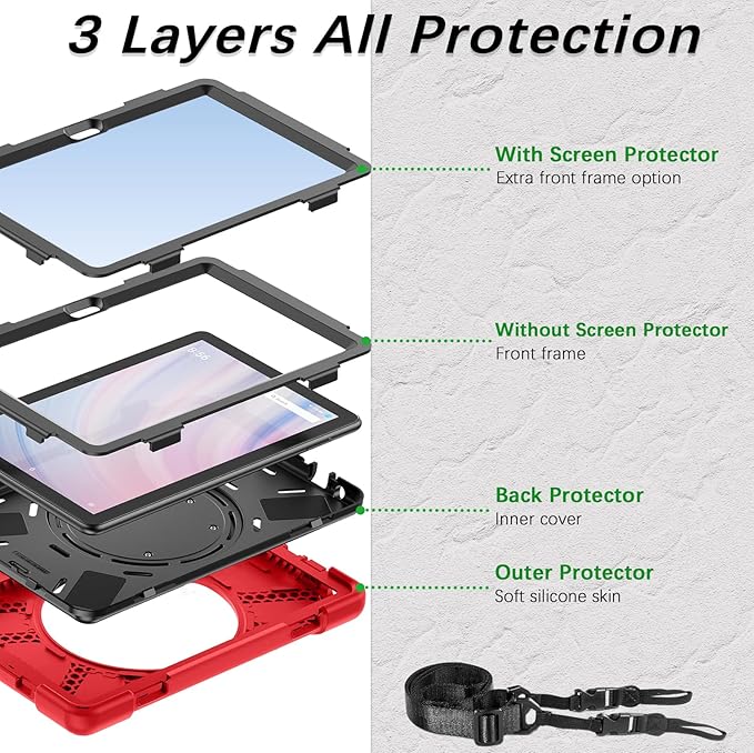 Weuiean Case for 10/10 Plus 13th Generation 10.1 2023 Military-Grade Heavy-Duty Shockproof Cover with 360° Rotating Stand Built-in Pencil Holder &amp Adjustable Hand/Shoulder Strap - Red