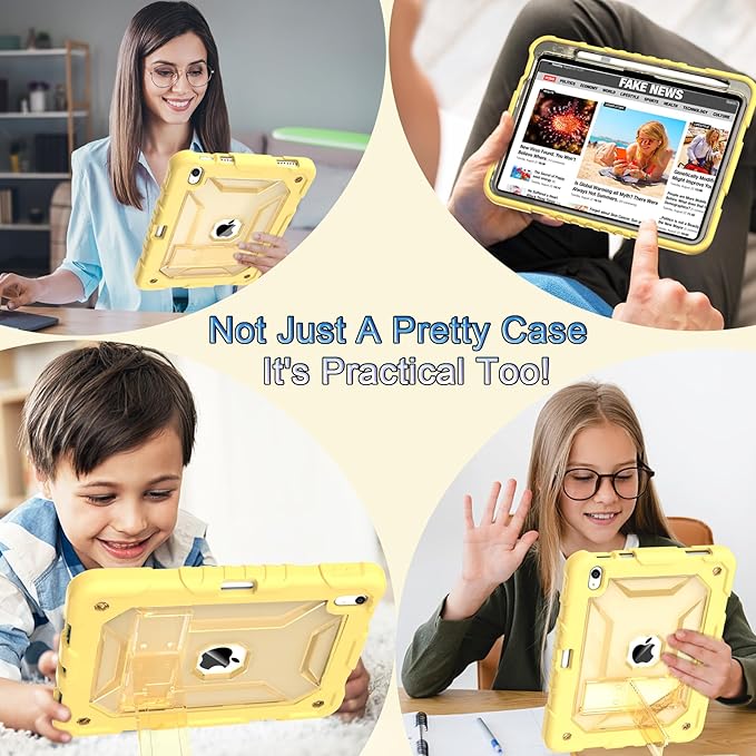 TIMISM Case for iPad (A16) 11th/10th Generation(2025/2022) with Shoulder Strap Kickstand and Pencil Holder Translucent Hard PC Back Cover Heavy Duty Shockproof Rugged Protective Case Yellow