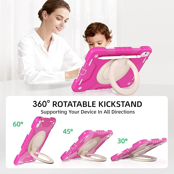Case for iPad (A16) 11th Generation 11 inch 2025/10th Generation 10.9 inch 2022 Shockproof Cover with Screen Protector/360° Rotate Handle/Bracket/Pen Holder/Shoulder Strap (Rose Red+White)
