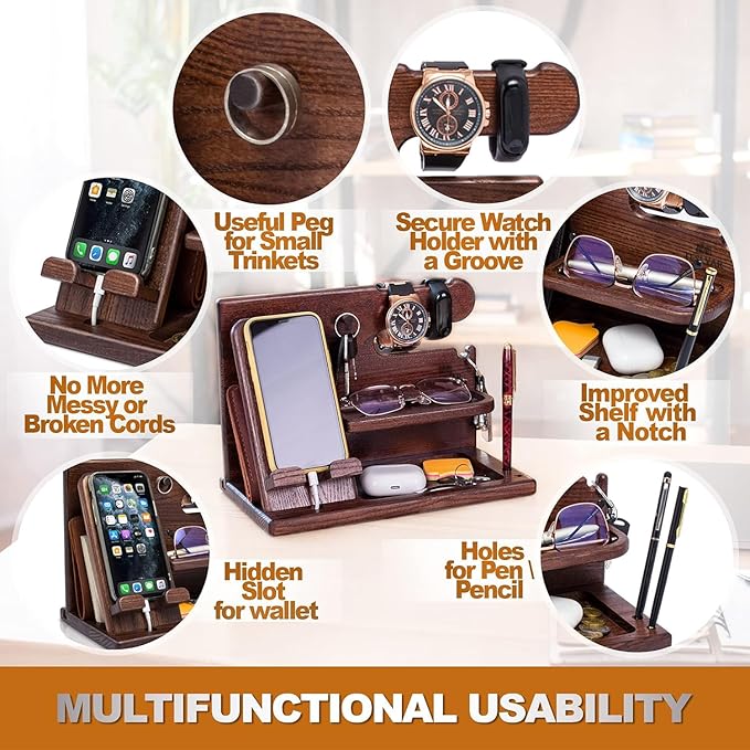 TESLYAR Wood Phone Docking Station for Men - Desk or Nightstand Organizer - Birthday Gifts for Husband Dad - Anniversary Idea from Wife - Key Holder Stand Wallet Watch &amp Essentials (Bourbon Bro