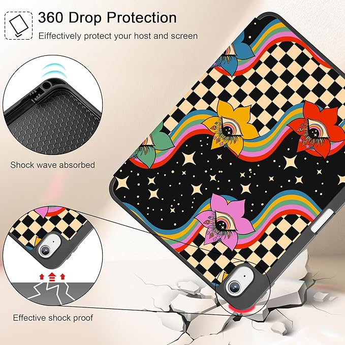 Tuiklol Case for iPad 10.2 Inch 2021 2020 2018 Release 9th / 8th / 7th Generation Built-in Pencil Holder TPU Protective Stand Back Cover Trifold Stand-Auto Wake/Sleep Flowers &amp Eyes