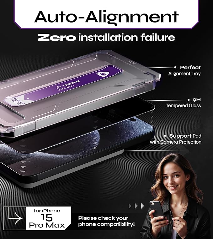 Defenslim for iPhone 15 Pro Max Privacy Screen Protector (2Pack) Easy Auto-Dust &amp Align Install Kit 6.7 Tempered Glass 9H Hardness Privacy Protection Case Friendly SpyShield
