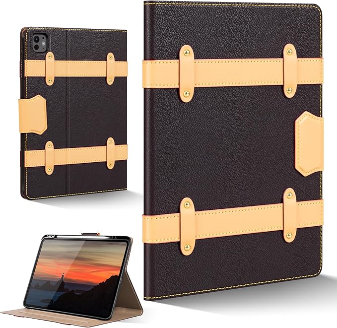 iPad Case for iPad Pro 13 Inch (M5/M4) 2025/2024Leather Folio Cover with Pencil HolderAuto Wake/Sleep Adjustable StandDetachable Magnetic Closure Protection Case-Multiple Straps Dark Brown