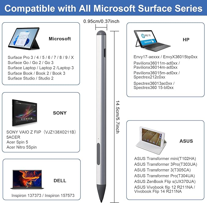 2025 New Surface Pen for Microsoft Surface Pro 11/10/9/8/7/6/5/4/3/XSurface Go/Book/Studio/Laptop4096 Pressure Sensitivity Windows Stylus PenUSB-C ChargingEraser &amp Right-ClickMagnetic Attract