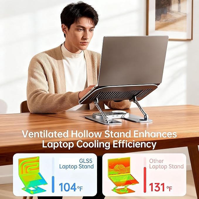 Adjustable Laptop Stand with Wireless Charger 3-in-1 Charging Station for Phone and Watch Ergonomic Aluminum Notebook Riser with LED Light 25W Qi2 Fast Charging (Silvery)