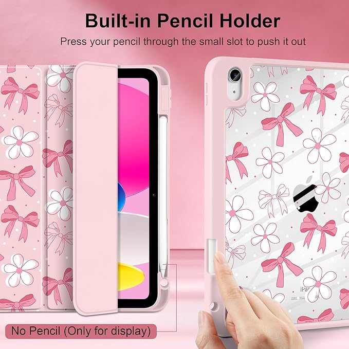 DONGKE Case for iPad (A16) 11th Generation 11 inch 2025 &amp iPad 10th Gen 10.9 inch 2022 [Built-in Pencil Holder] Clear Acrylic Back Trifold Stand Smart Cover Auto Sleep/Wake Bow &amp Daisy
