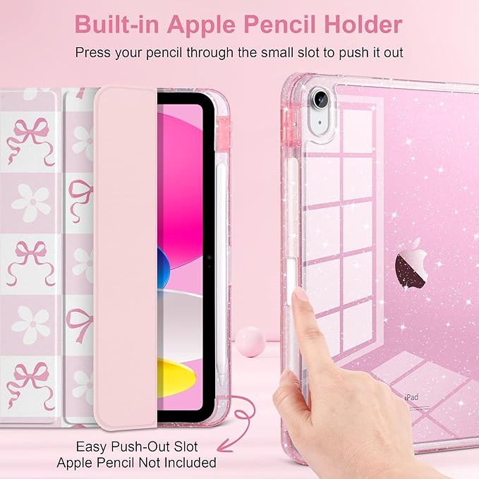 TWOLSKOO Sparkly Case for iPad Pro 11 inch (M5 2025 / M4 2024) Glitter Hard Acrylic Back with Pencil Holder Slim Trifold Stand Folio Cover Auto Sleep/Wake Bows &amp Daisy