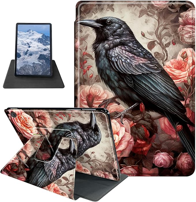 Case for Kindle Fire 7 Tablet (12th Generation 2022 Release) Bird and Roses Theme 360 Degree Rotating Stand Protective Cover with Auto Sleep/Wake for Fire 7 2022 Tablet