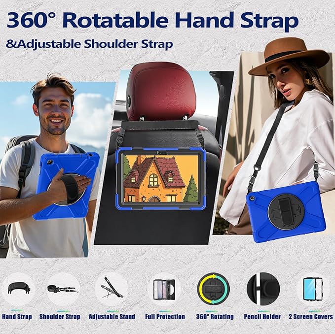 Weuiean Case for 10/10 Plus 13th Generation 10.1 2023 Military-Grade Heavy-Duty Shockproof Cover with 360° Rotating Stand Built-in Pencil Holder &amp Adjustable Hand/Shoulder Strap - Blue