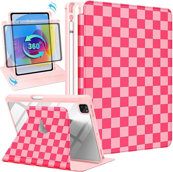 for iPad Air 11 inch Case Air 5th/4th Generation 10.9 Pro 11'' Case Women Girls for Apple Pencil Holder Cute Checkered Rotating Folio Cover for iPad Air 11 2024 (M2) 10.9 2022 2020 Pro 11