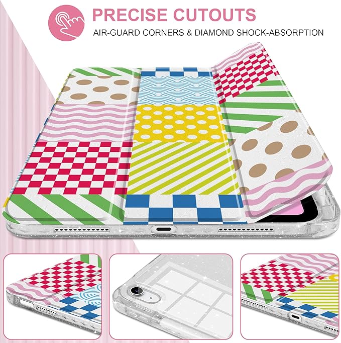 MEEgoodo Case for iPad A16 11th Generation 2025/10th Generation 2022 Glitter Tablet Cases with Transparent Acrylic Back+Trifold Stand +Pencil Holder+Auto Wake/SleepChecked &amp Striped &amp Wave