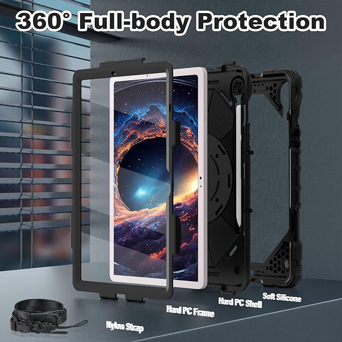 WESOROL Case for Samsung Galaxy Tab S10 Lite/S10 FE/S9 FE/S9 10.9/11 Inch (2025/2023) Shockproof Galaxy Tab S9 Tablet Case with Rotating Stand Screen Protector Pencil Holder Shoulder StrapBlack