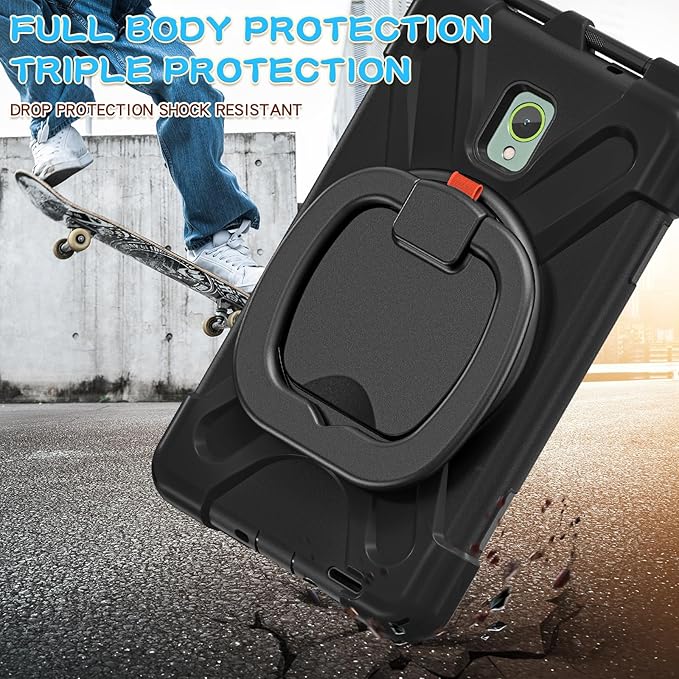 Rugged Case for Samsung Galaxy Tab Active5 5G (SM-X306B/X300) w/ 360° Rotating Hanging Ring Handle Grip Kickstand Heavy Duty Shock-Proof Armor Cover w/Shoulder Strap Stylus Holder (Black)