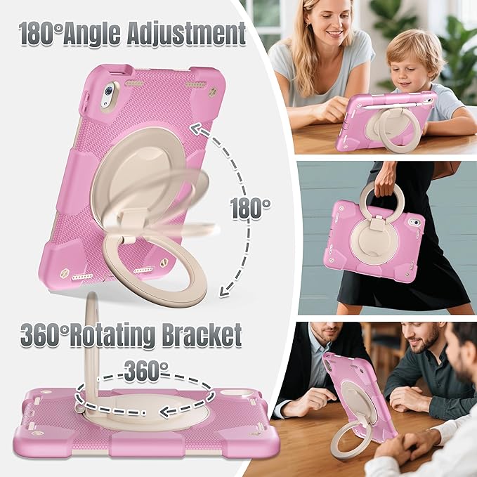 Case for iPad (A16) 11th /10th Generation 11/10.9 Inch 2025/2022 with Screen Protector/360° Rotate Stand/Shoulder Strap/Pencil Holder Shockproof iPad 11th/10th Gen Cover (Pink+White)