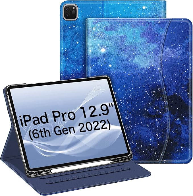 Fintie Folio Case for iPad Pro 12.9 6th Generation 2022 Multi-Angle Smart Stand Cover w/Pencil Holder &amp Pocket Also Fit iPad Pro 12.9 2021 5th &amp 2020 4th &amp 2018 3rd Gen Starry Sky