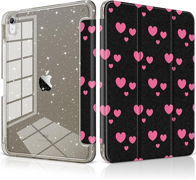 MEEgoodo Case for iPad A16 11th Generation 2025/10th Generation 2022 Glitter Tablet Cases with Transparent Acrylic Back+Trifold Stand +Pencil Holder+Auto Wake/SleepPink Hearts