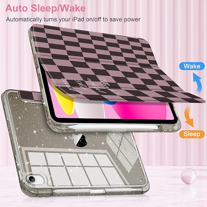 DONGKE for iPad Pro 11 inch Case – Fits M5 2025 / M4 2024 Shockproof Sparkling Glitter Acrylic Back Pencil Holder Trifold Stand Auto Sleep/Wake &amp Touch ID Support - Brown Gingham