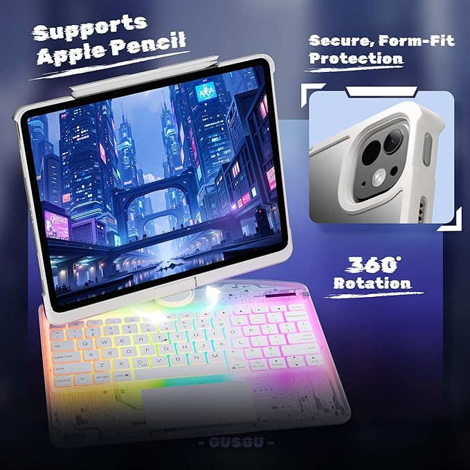 KITONE Transparent Case with Wireless Keyboard only for 2024 iPad Pro 11-in.(M4) 7 Colors Backlight Trackpad 360°Rotating Stand for iPad Pro 11(5th Gen) Tech Style