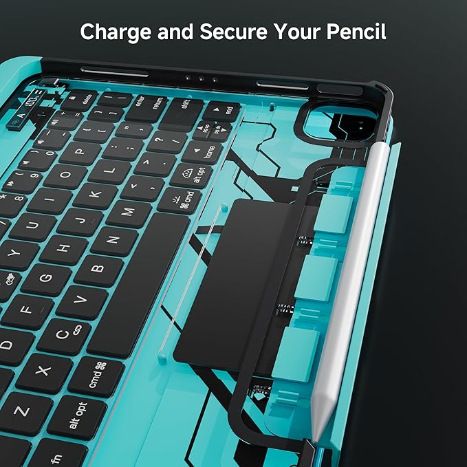 Transparent Keyboard Case for iPad Air 11 (M3 2025/M2 2024) Air 5th/4th Gen 10.9 &amp iPad Pro 11 (4th-1st) - Multi-Touch Trackpad 360° Rotating Stand 7-Color Backlit Pencil HolderBlue