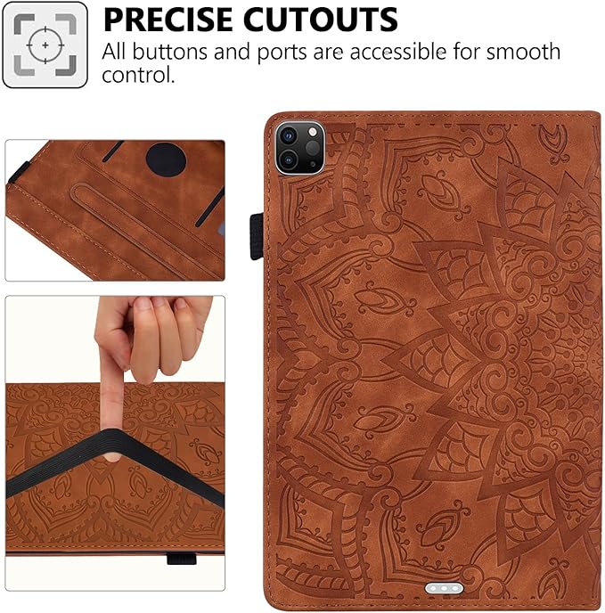 Folio Case for iPad Pro 11 M4 M5 (2024-2025) Techcircle Anti-Slip Stand Mandala Embossed PU Leather Soft TPU Back Protective Cover with Elastic Strap Card Slots &amp Pencil Holder Brown