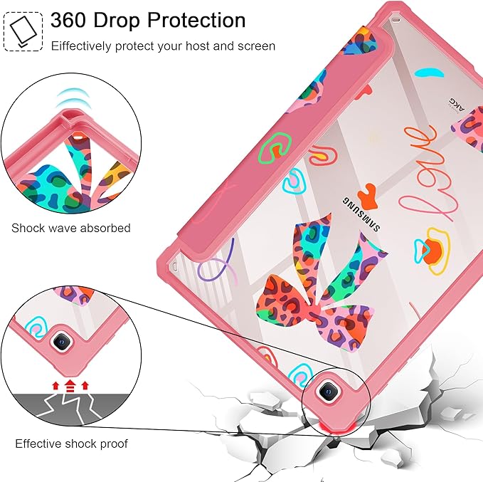Mektron Case for Samsung Galaxy Tab S6 Lite 10.4 Inch 2024/2022/2020 with S Pen Holder Multi-Angle Viewing with Shockproof Cover Clear Shell + Trifold Stand + Auto Wake/Sleep Neon Bows-Red