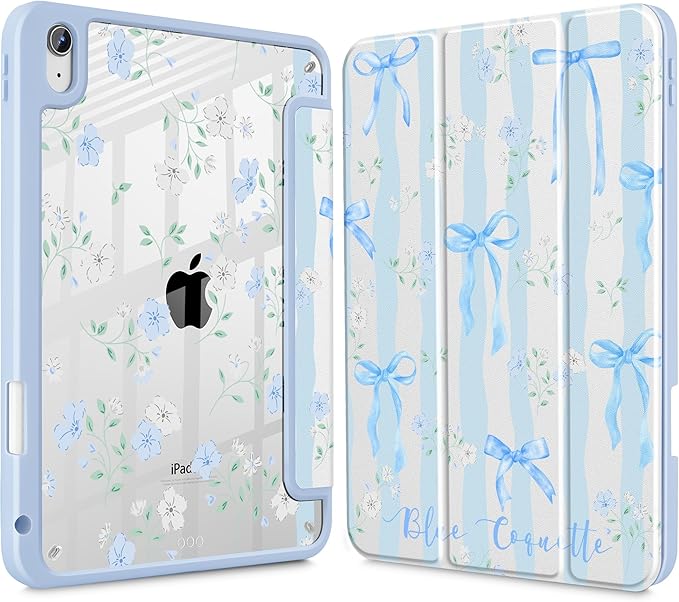 May Chen for iPad Air 11-inch M4/M3/M2 (2026/2025/2024) iPad Air 5th/4th 10.9 Inch - Shockproof Cover with Clear Back Shell &amp Penceil Holder Auto Wake/Sleep Stand Cover Flower Blue Waves