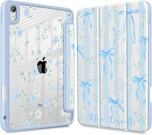 May Chen for iPad Air 11-inch M4/M3/M2 (2026/2025/2024) iPad Air 5th/4th 10.9 Inch - Shockproof Cover with Clear Back Shell &amp Penceil Holder Auto Wake/Sleep Stand Cover Flower Blue Waves
