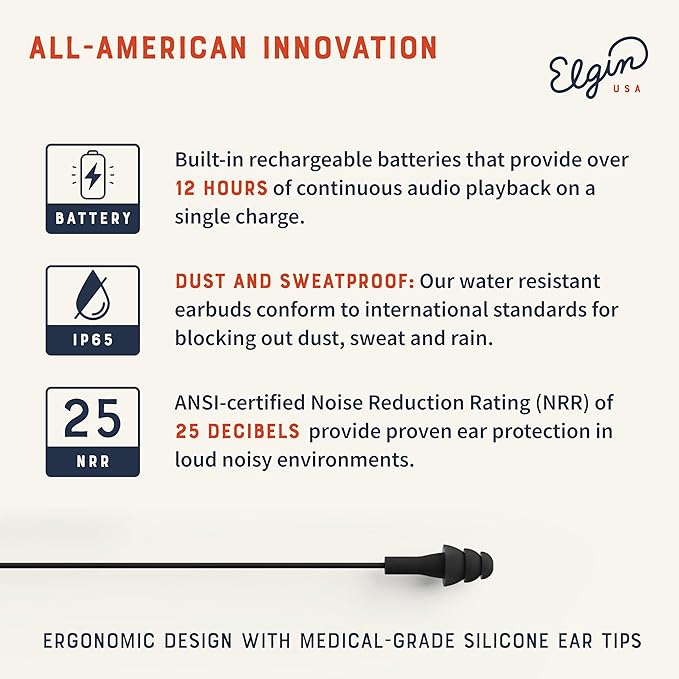 Elgin Ruckus Wireless Bluetooth Earplug Headphones 25 dB Noise Reduction Ear Plug Earbuds Noise Cancelling Mic 12 Hour Battery IP65 sweatproof OSHA Compliant Hearing Protection Work Safety