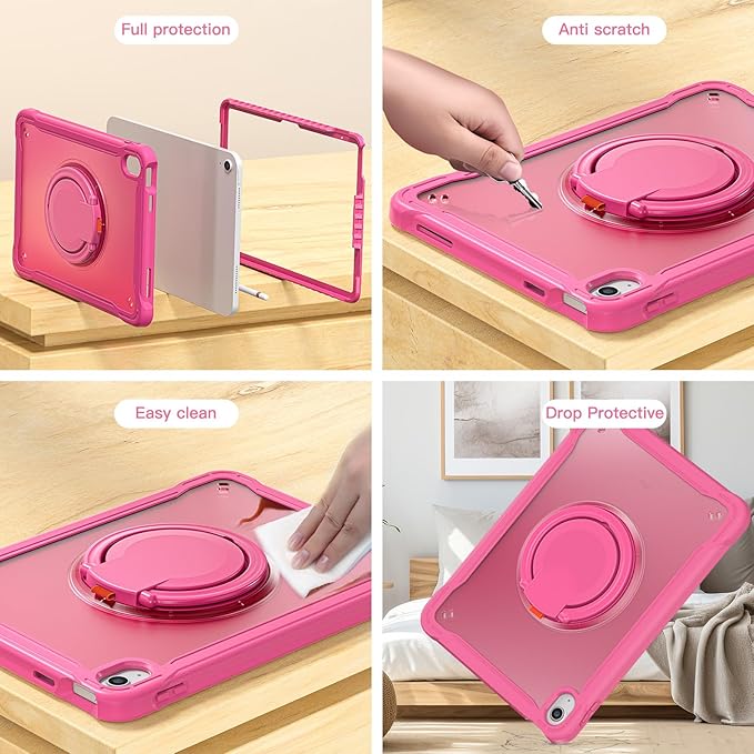 BATYUE Case for iPad (A16) 11th/10th Gen 11''/10.9'' 2025/2022 | Matte Frosted Shockproof Protective Cover with 360° Rotating &amp 180° Folding Stand Shoulder Strap &amp Pencil Holder | Rose Pink