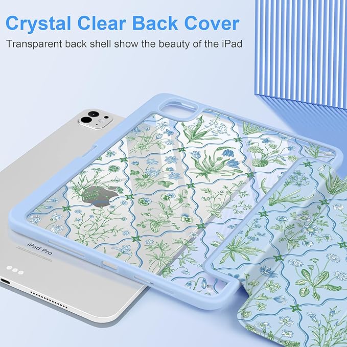 DONGKE for iPad Pro 11-Inch Case (M5 2025 / M4 2024) 6th/5th Generation [Auto Sleep/Wake &amp Pencil Pro Holder] Clear Acrylic Back Smart Trifold Stand Cover Lattice Floral