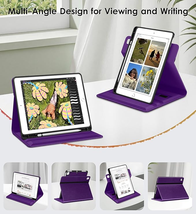 DTTO for iPad 6th / 5th Generation 9.7 Inch (2018/2017) iPad Air 2 / Air 1 Case 360 Degree Rotating Premium Leather Folio Stand Cover with Pencil Holder Dark Purple