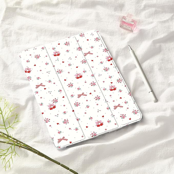 Idocolors Cute Kawaii Floral Bow Cherry Pad Case for 13 Inch iPad Air(2024) Clear TPU Smart Stand Back Cover with Pencil Holder Auto Wake/Sleep Foldable Shockproof Protective Case for Women Girls