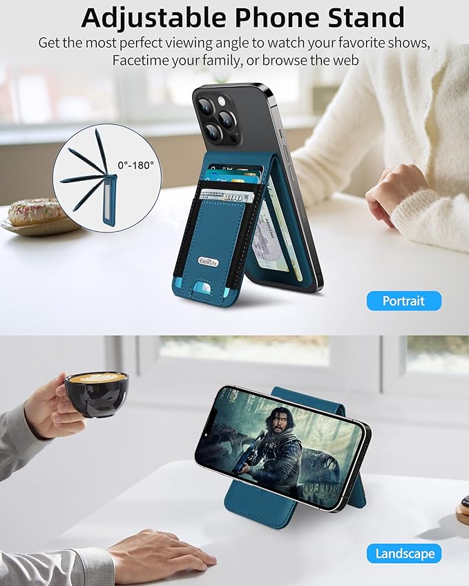 For Magsafe Wallet Stand Strongest Magnetic Phone Wallet Leather Magnetic Card Holder Wallet for iPhone 17/16/15/14/13/12 Series ID Window 4 Card Slots Hold 10 Cards RFID Blocking Blue