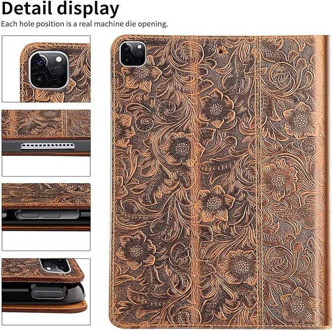 Gexmil Genuine Leather Case for iPad Pro 11 Inch (M5/M4) 2025/2024 with Adjustable StandProtective Shockproof Premium Leather Smart Folio Cover Auto Sleep/Wake Anti-Slip Flower Brown