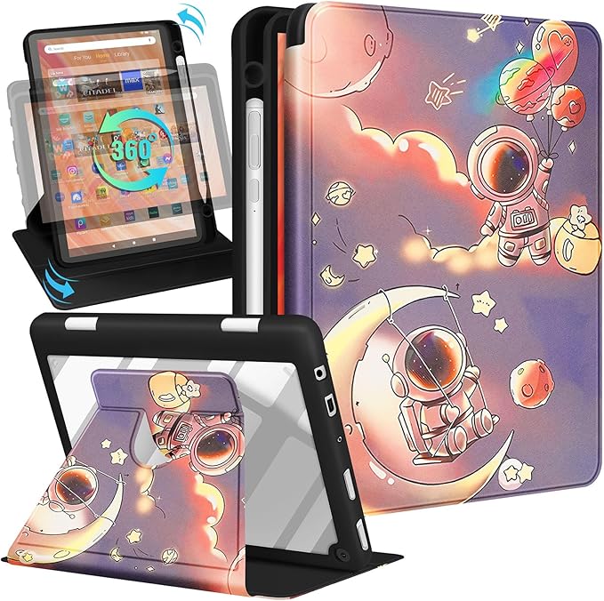 Kidcube for Kindle Fire HD 10/10 Plus Tablet Case - 13th/11th Generation (2023/2021) 10.1 Women Girls Boys Cute Astronaut Design Rotating Stand Pencil Holder Folio Cases for Amazon Fire HD 10/10 Plus