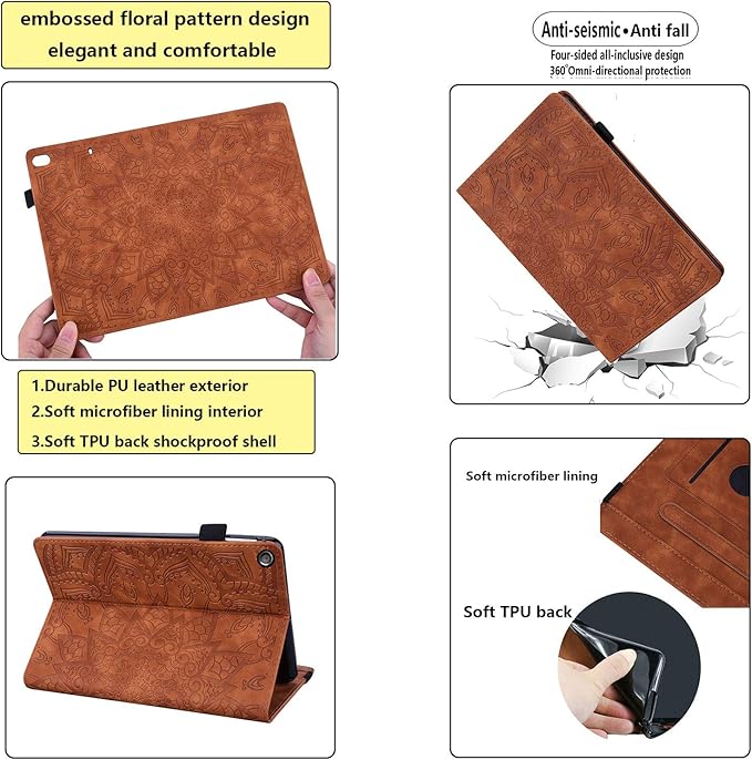 Fire HD 10 Case 9th/7th Generation (2019/2017) 10.1 with Pencil Holder Elastic Band Pocket Multi-Angle Stand Magnetic Folio Wallet PU Leather TPU Shockproof Cover Brown Paisley Flower