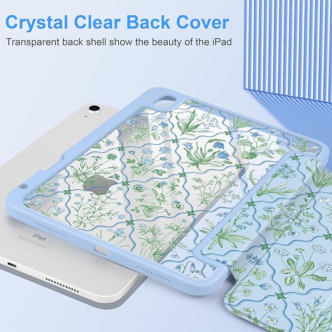 DONGKE Case for iPad (A16) 11th Generation 11 inch 2025 &amp iPad 10th Gen 10.9 inch 2022 [Built-in Pencil Holder] Clear Acrylic Back Trifold Stand Smart Cover Auto Sleep/Wake Lattice Floral