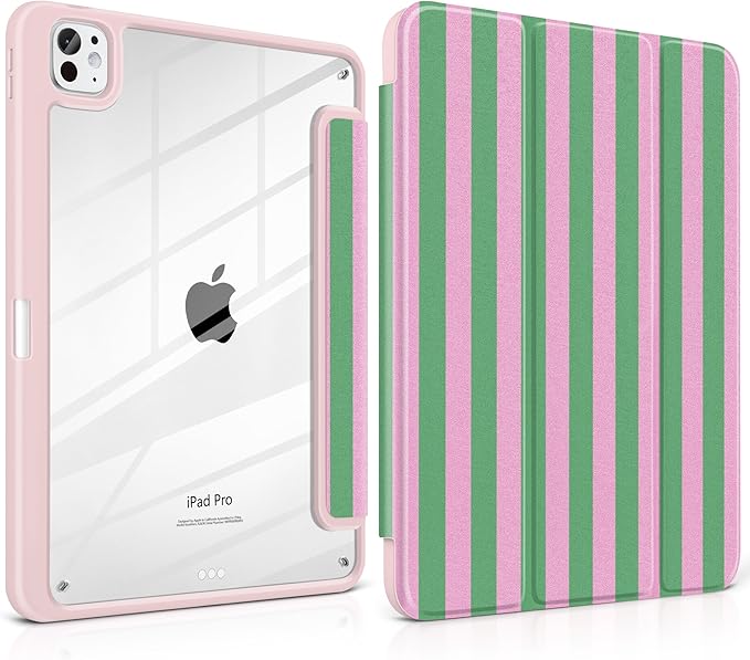 DONGKE for iPad Pro 11-Inch Case (M5 2025 / M4 2024) 6th/5th Generation [Auto Sleep/Wake &amp Pencil Pro Holder] Clear Acrylic Back Smart Trifold Stand Cover Green Stripes