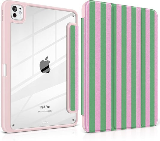 DONGKE for iPad Pro 11-Inch Case (M5 2025 / M4 2024) 6th/5th Generation [Auto Sleep/Wake &amp Pencil Pro Holder] Clear Acrylic Back Smart Trifold Stand Cover Green Stripes