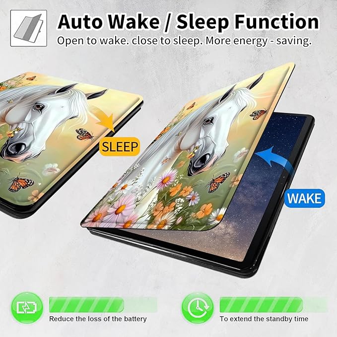 Case for Samsung Galaxy Tab S10 FE 10.9 2025/S9 FE 5G 10.9/S9 11 2023360 Degree Rotating Smart Cover Case with S Pen Holder &amp Auto Sleep/Wake-Handsome White Horse
